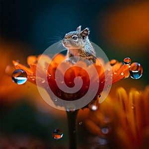 beautiful little Squirrel on a orange flower. Generative Ai