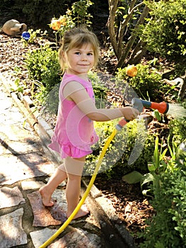 Beautiful little toddler girl watering garden flowers with water hose on summer day. Happy child helping in family