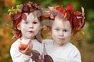 Beautiful little twin girls  holding apples in the autumn garden.  Little girls playing with apples. Toddler eating fruits at fall