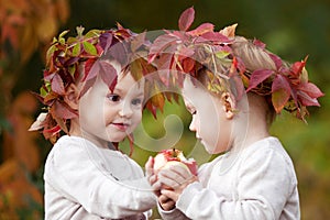 Beautiful little twin girls  holding apples in the autumn garden.  Little girls playing with apples. Toddler eating fruits at fall