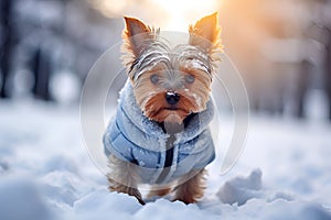 A beautiful little Yorkshire terrier running outside in the snow in a jacket. Generative AI