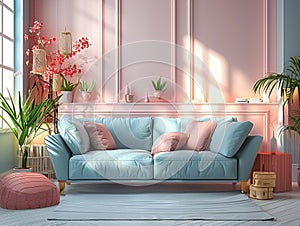 A beautiful living room with a blue sofa, pink accents, and lots of plants