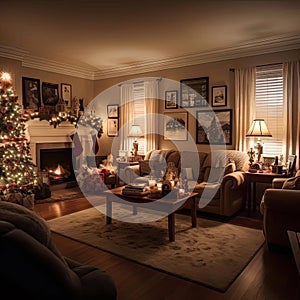 Beautiful living room with fireplace and christmas tree