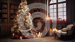 Beautiful living room with a fireplace, decorated New Year tree, candles and gift boxes. Christmas ambience