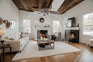 Beautiful living room with, fireplace and lit fire, couches and chairs in new luxury home