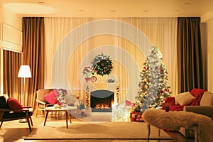 Beautiful living room interior with burning fireplace and Christmas tree in evening