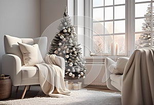 Beautiful living room interior with Christmas tree, armchair and fireplace.