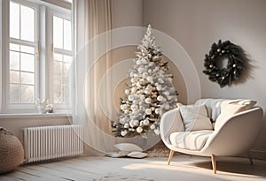 Beautiful living room interior with Christmas tree, sofa and armchair.