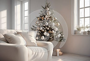 Beautiful living room interior with Christmas tree, sofa and armchair.