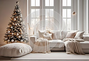 Beautiful living room interior with Christmas tree, sofa and armchair.