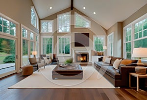 Beautiful living room interior with hardwood floors and fireplace in new luxury home