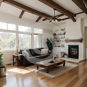 Beautiful living room interior with hardwood floors and fireplace in new luxury home Has view of kitchen hallway and loft area