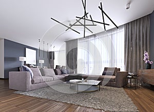 Beautiful living room interior with hardwood floors and large corner sofa violet color in new luxury home. Contemporary style