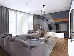 Beautiful living room interior with hardwood floors and large corner sofa violet color in new luxury home. Contemporary style