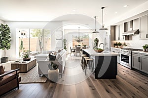 Beautiful living room interior with hardwood floors, view of kitchen and dining room in new luxury home. Generative Ai