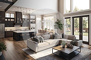 Beautiful living room interior with hardwood floors, view of kitchen and dining room in new luxury home. Generative Ai