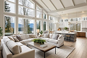 Beautiful living room interior in new luxury home with open concept floor plan. Shows kitchen, dining room, and wall of windows