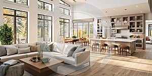 Beautiful living room interior in new luxury home with open concept floor plan. Shows kitchen, dining room, and wall of windows