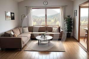 Beautiful living room interior in new luxury home with open concept floor Shows dining and wall of windows with amazing exterior