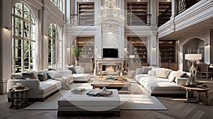 Beautiful living room in a new luxury house , mansion , ancestral home, built-in bookshelves,coffee table ,large glass