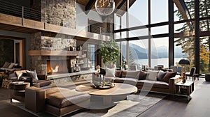 Beautiful living room in new traditional luxury home. Features stone accents. generative ai