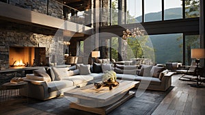 Beautiful living room in new traditional luxury home. Features stone accents. generative ai