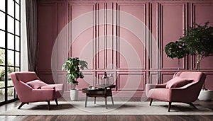 A Beautiful Living Room with Pink Chair, a plant and pink wall paneling