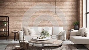 A Beautiful living room with white sofa and brick wall