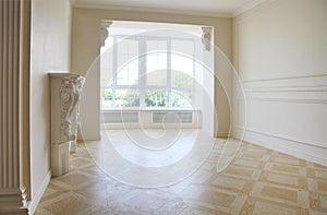 Beautiful living room in white tones with fireplace