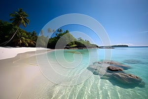 beautiful lonely tropical beach, much green plants, palms, blue sea, blue sky, white clouds, white sand, paper cut style