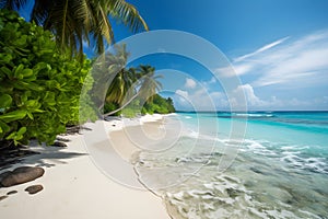 beautiful lonely tropical beach, much green plants, palms, blue sea, blue sky, white clouds, white sand, paper cut style