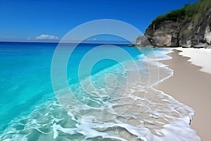 beautiful lonely tropical beach, much green plants, palms, blue sea, blue sky, white clouds, white sand, paper cut style