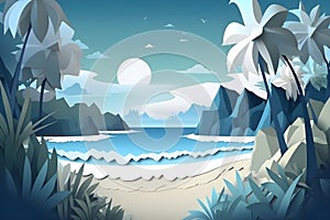 beautiful lonely tropical beach, much green plants, palms, blue sea, blue sky, white clouds, white sand, paper cut style