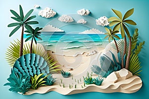 beautiful lonely tropical beach, much green plants, palms, blue sea, blue sky, white clouds, white sand, paper cut style