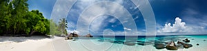 beautiful lonely tropical beach, much green plants, palms, blue sea, blue sky, white clouds, white sand, paper cut style