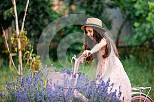 Beautiful long hair girl near lavender bushes