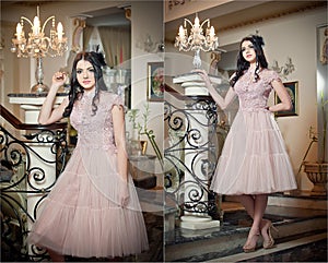 Beautiful long hair girl in nude colored dress posing in a vintage scene. Young beautiful woman wearing a lace dress in luxury