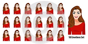 Beautiful long hair lady in red shirt with different facial expressions set vector