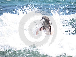 Beautiful Long Hair Woman Walking in Water Ocean Sea Waves Splashing