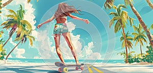 beautiful long hair young slim woman on longboard moving by street under palm trees to the beach under summer suN. Gorgeous human
