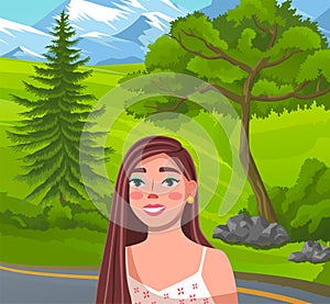 Beautiful long-haired girl smiling at background of mountains, green hill, road, tree, fir-tree