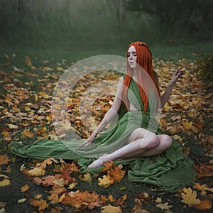 A beautiful long-Haired red-haired elf girl is sitting under a yellow maple tree in the autumn forest. A fairy woman