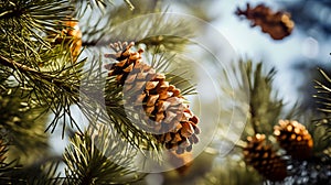 Beautiful long orange pine cone and branches, close - up macro shot at winter
