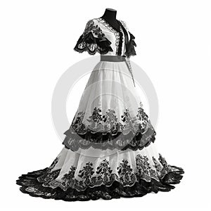 Beautiful long white vintage dress trimmed with black Valencian lace, close-up, isolated