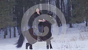 Beautiful longhaired woman riding a black horse through the snow in the forest, stallion prancing
