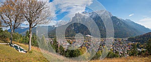 beautiful lookout point with benches, above tourist resort mittenwald, bavaria