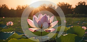 Beautiful lotus flower blooming in the pond at sunset.
