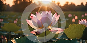 Beautiful lotus flower blooming in the pond at sunset.