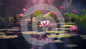 Beautiful lotus flower blossoms in tranquil pond generated by AI
