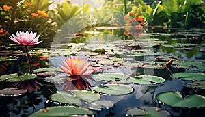 Beautiful lotus flower floating on tranquil pond generated by AI